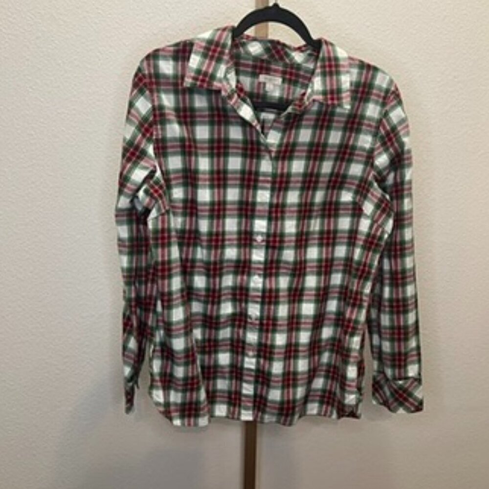 TALBOTS Button Down Shirt White Red Green Plaid Size LP Petite